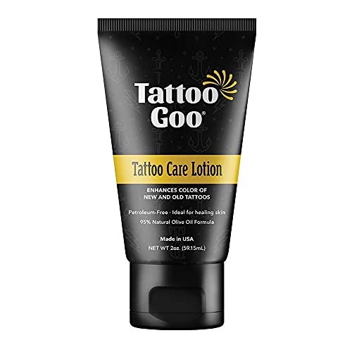 Tattoo Goo After Care Lotion, Moisturizing Natural Tattoo Lotion for Color Enhancement with Olive Oil, Healix Gold and Panthenol, Vegan and Petroleum-Free - 2 oz