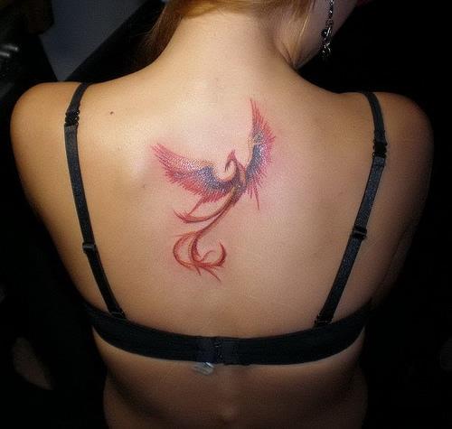 Tatuagem colorida de fenix feminina