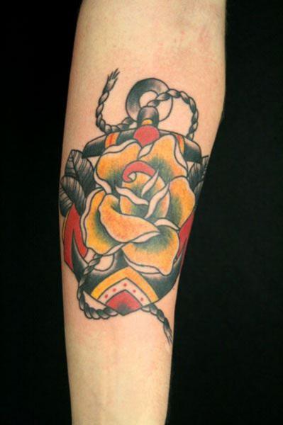 Anchor rose traditional tattoo