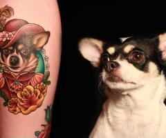 Artistic dog tattoo on leg