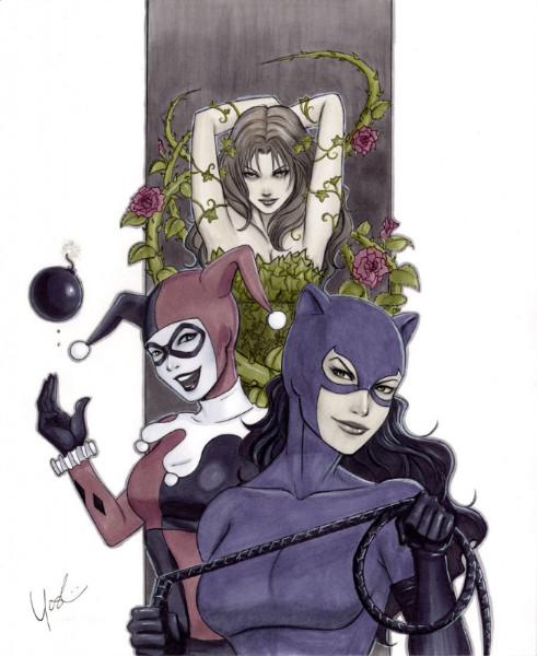 Dibujo de Catwoman, Hiedra Venenosa y Harley Quinn