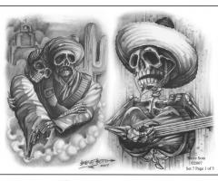 Mexican musical skull tattoo flash art