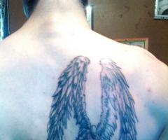 Angel arrodillado con alas abiertas