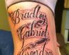 Ribcage names tattoo done on a stylish scroll carrying the names