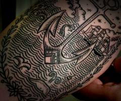 Ancla, barco y mar con lineas