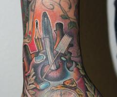 Tattoo on hand, pencil and watch traditional