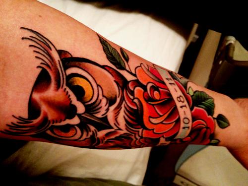 Owl and rose tattoo