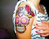 Tatuaje femenino de calavera en el brazo