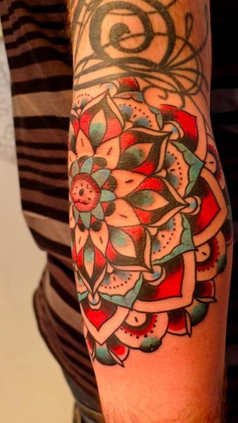mandala blue, red and black