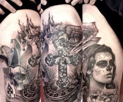 Tatuaje de calavera cruz y catrina
