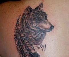Beau tatouage loup avec une plume Indien ombragé