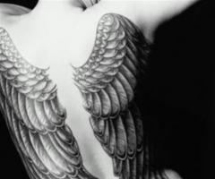 Große Tattoo auf der Rückseite der beiden gefiederten Engel Flügel