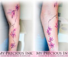 Watercolor Cherryblossom tattoo with a little bird