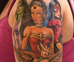 She-Hulk, Wonder Woman, Hawkgirl and Spider-Woman tattoo
