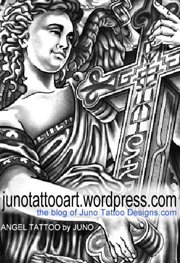 Angel with cross - detail - tattoo by Juno tattoo designer