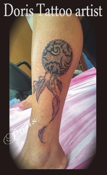 Lace Dreamcatcher leg tattoo