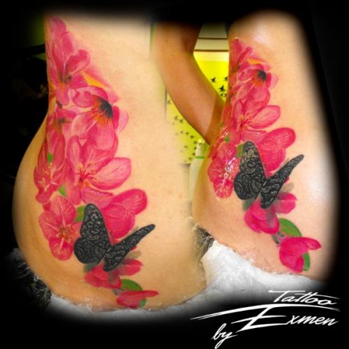 Cherry flower and butterfly tattoos
