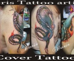 Dragoon color fire half sleeve tattoo